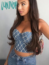 Lunivop Rhinestone Elastic Denim Corset Tops Women Summer Sleeveless Body Shaping Crop Cami Blue